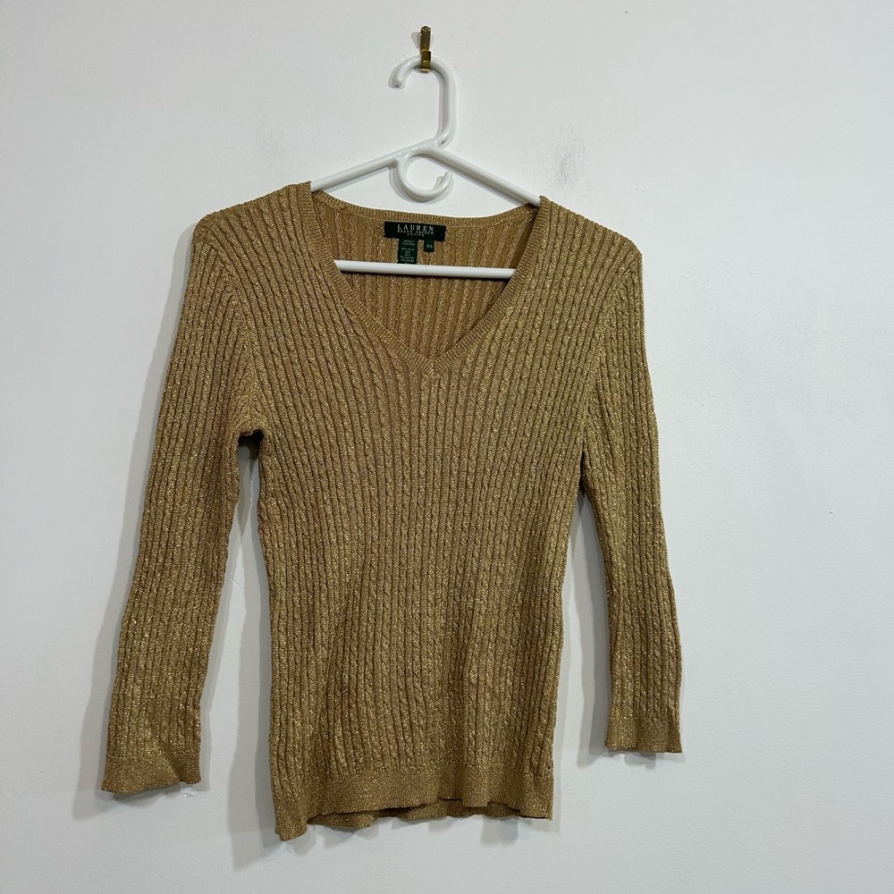 Ralph Lauren Gold Shimmer V-Neck Sweater Women’s Petite Small